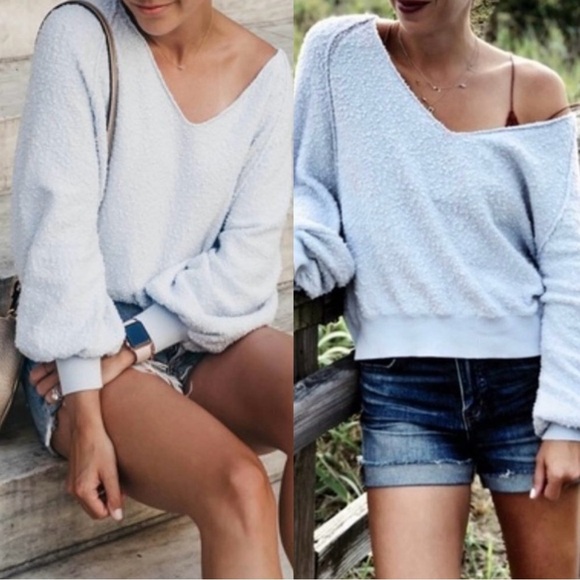 Free People Found My Friend Pullover Popcorn Blue V Neck Textured Medium Relaxed - Picture 8 of 8
